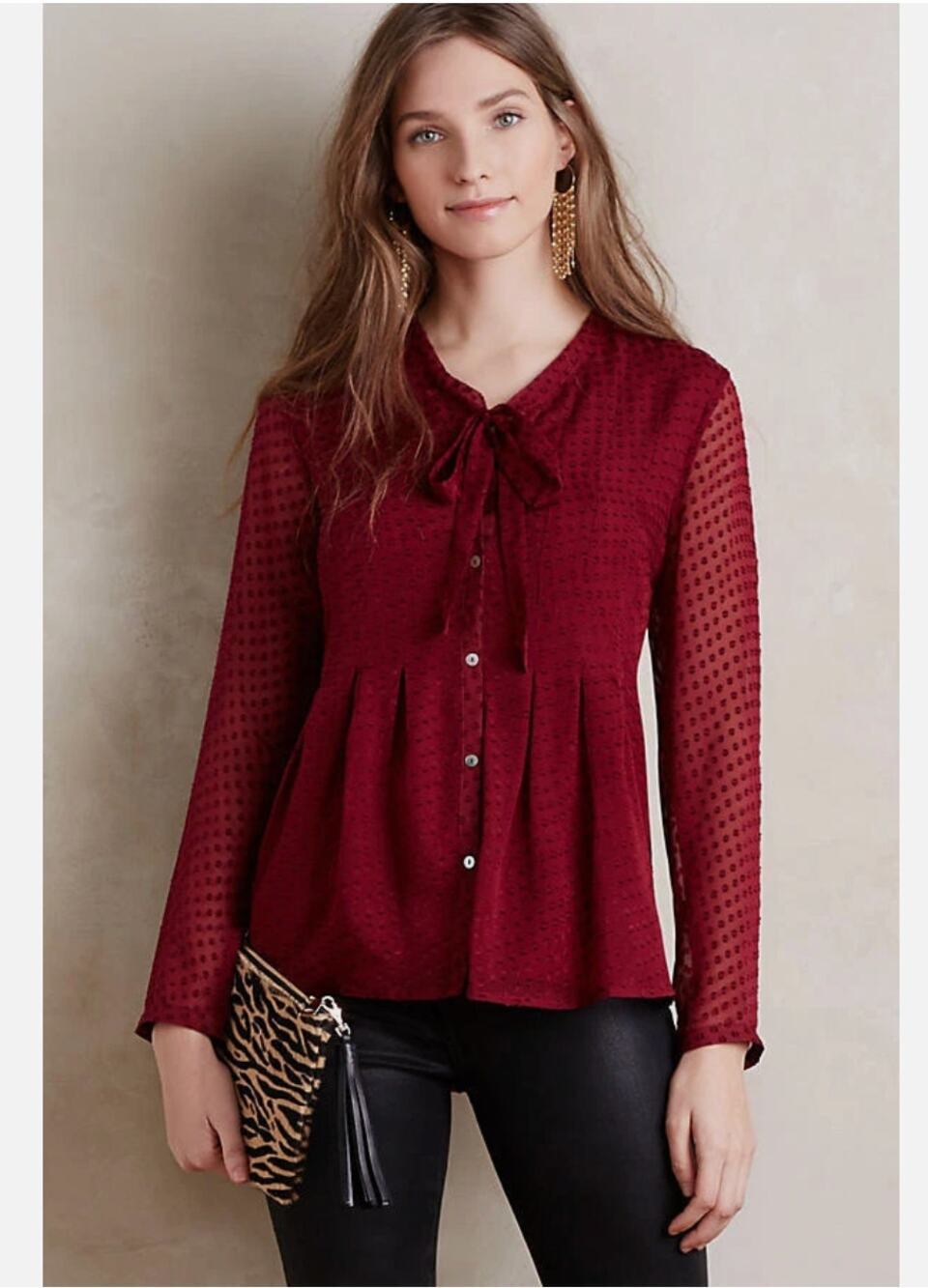 Meadow Rue Anthropologie Red Silk Blend Button Up Blouse Neck Tie Clip Dot sz M - Picture 1 of 14